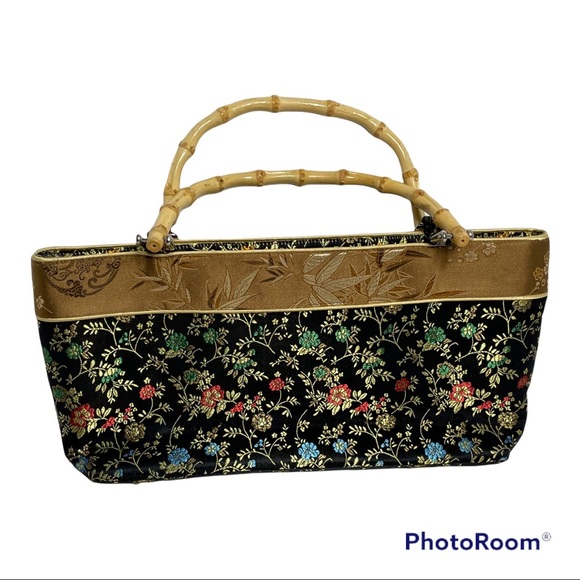 Asian Style Fabric Bag Bamboo Handles Zip Close - Picture 4 of 9